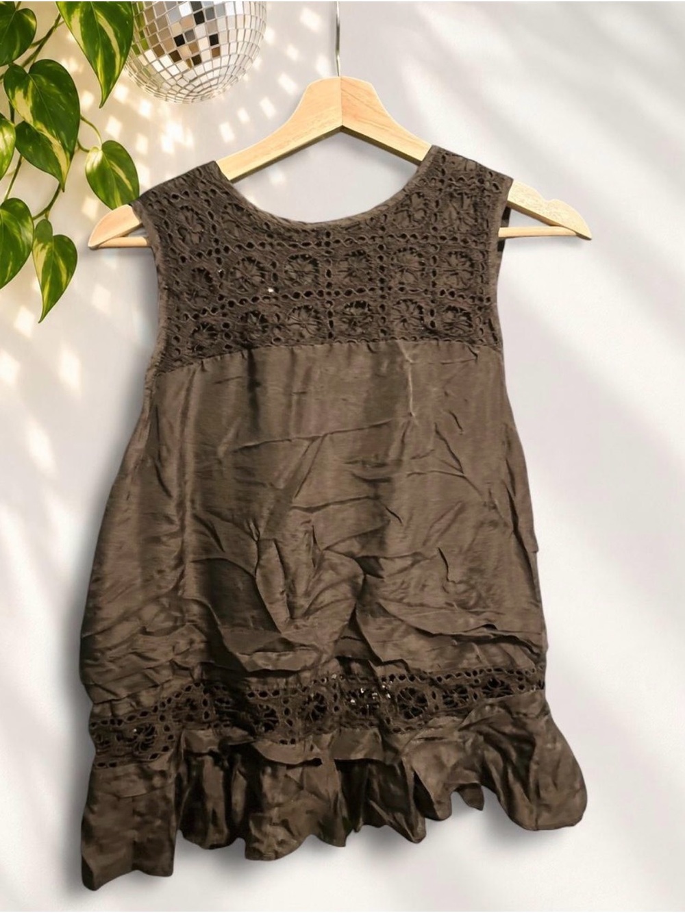 Zara Sleeveless Brown Crochet-Trim Womens tank blouse